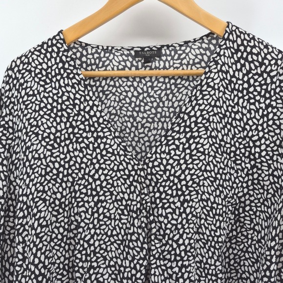 Talbots Plus 2X Black White Abstract Print Wrap Tie Waist Blouse Long Sleeve Top - Picture 2 of 14
